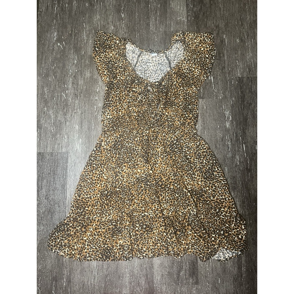 Old Navy Dress Woman's S Ruffle Neck Fit & Flare Leopard Print Tiered Pockets